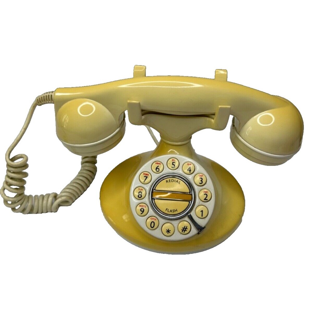 Retro Phone Button Button Dial Telephone Corded Yellow Cream